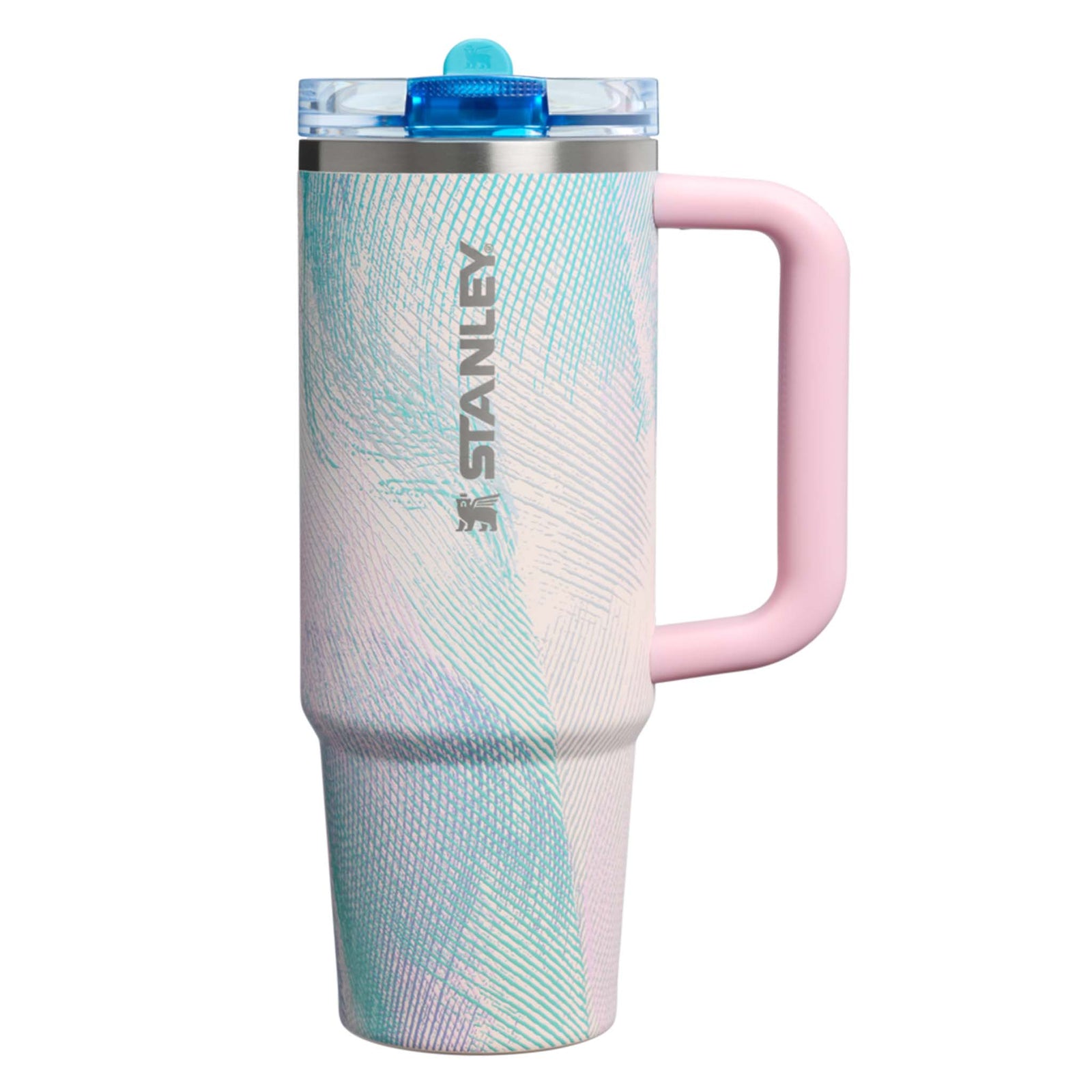Stanley mug with pink handle and blue lid and flip straw on a white background