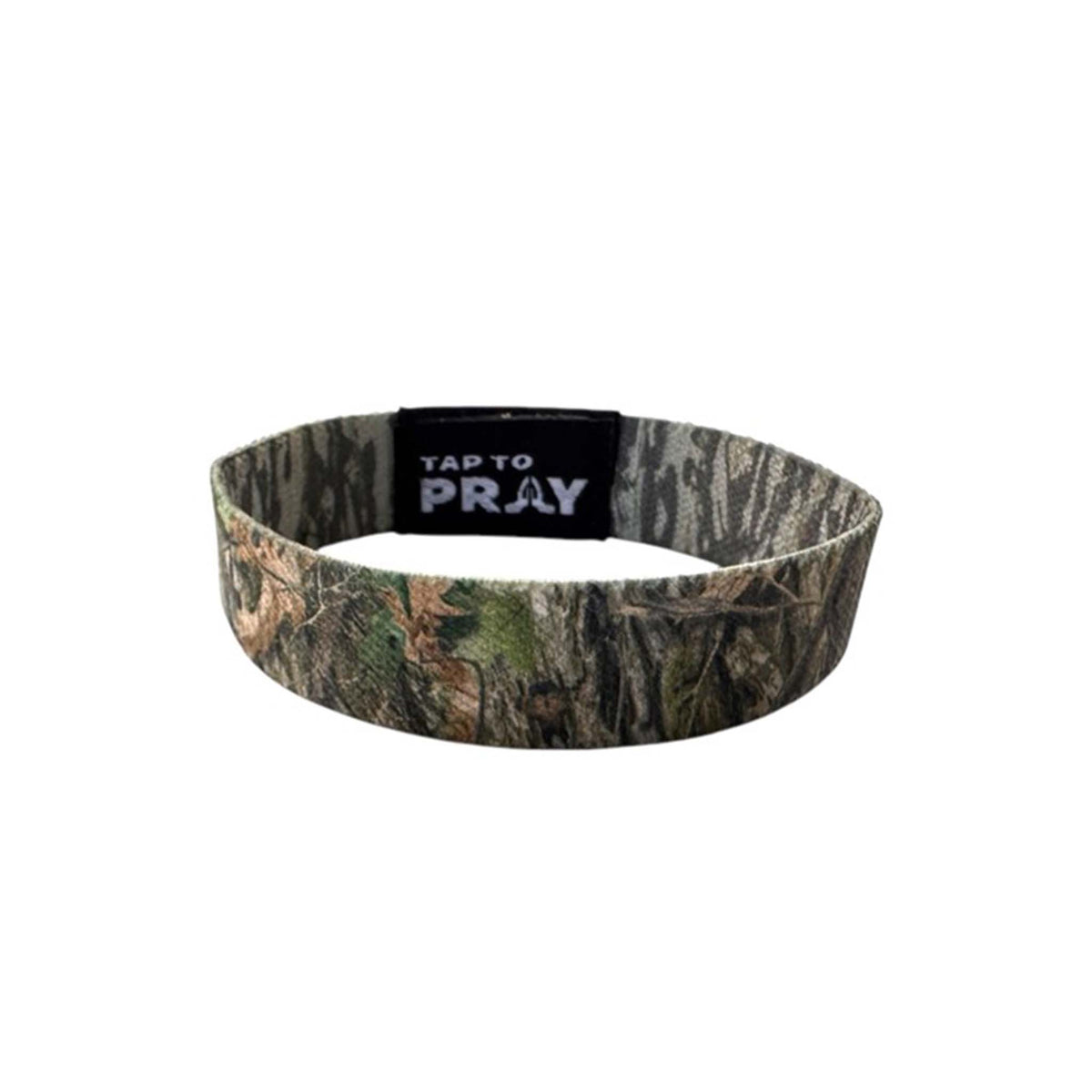 Tap to Pray Treebark Camo Wristband shown from front with black patch featuring white text and praying hands icon.