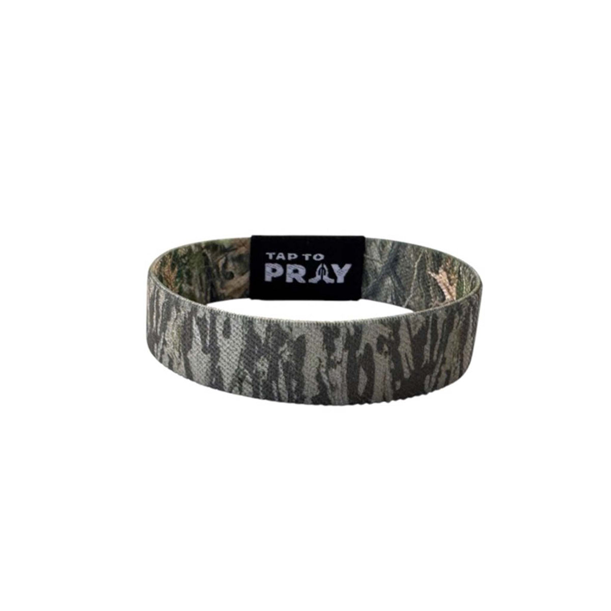 Tap to Pray Treebark Camo Wristband shown from front with black patch featuring white text and praying hands icon.