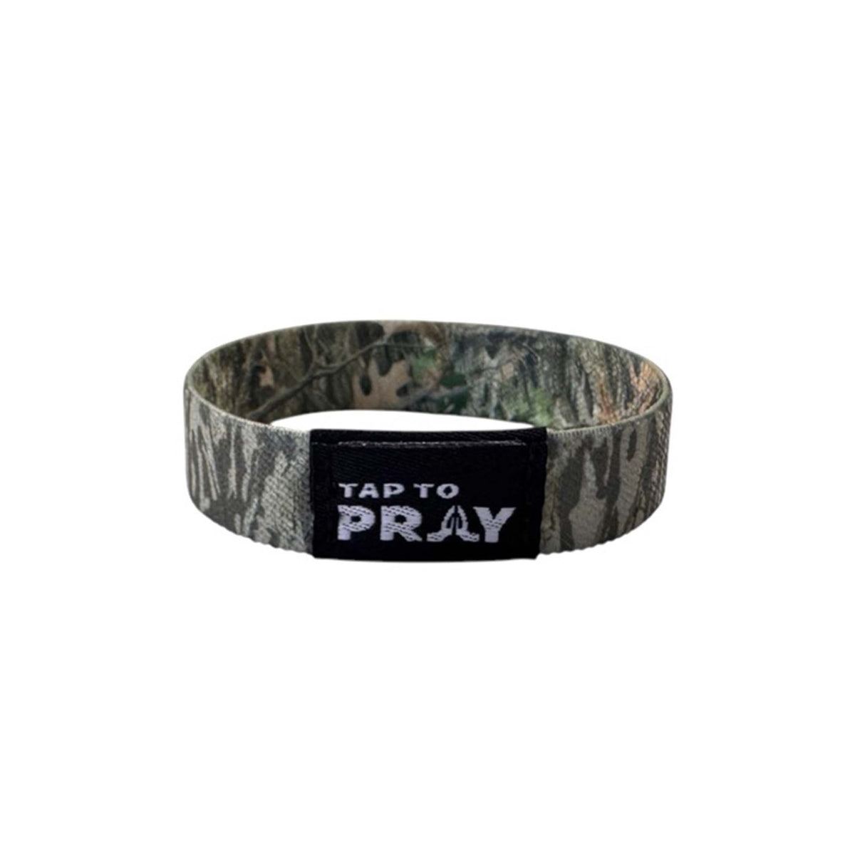 Tap to Pray Treebark Camo Wristband shown from front with black patch featuring white text and praying hands icon.