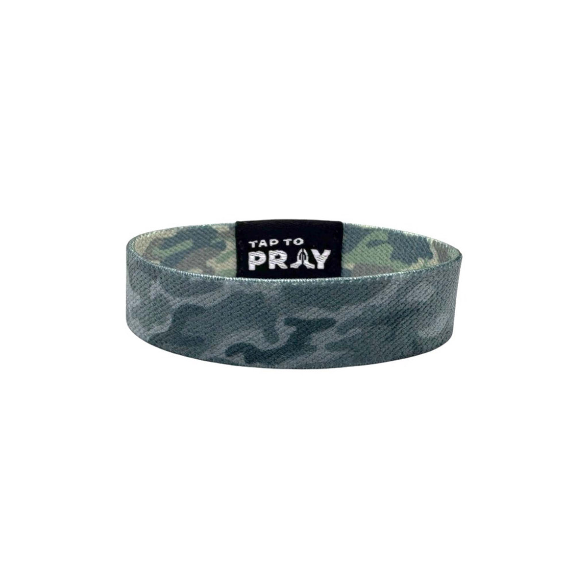 ap to Pray green charcoal camo fabric wristband with black patch reading 'Tap to Pray' in white text
