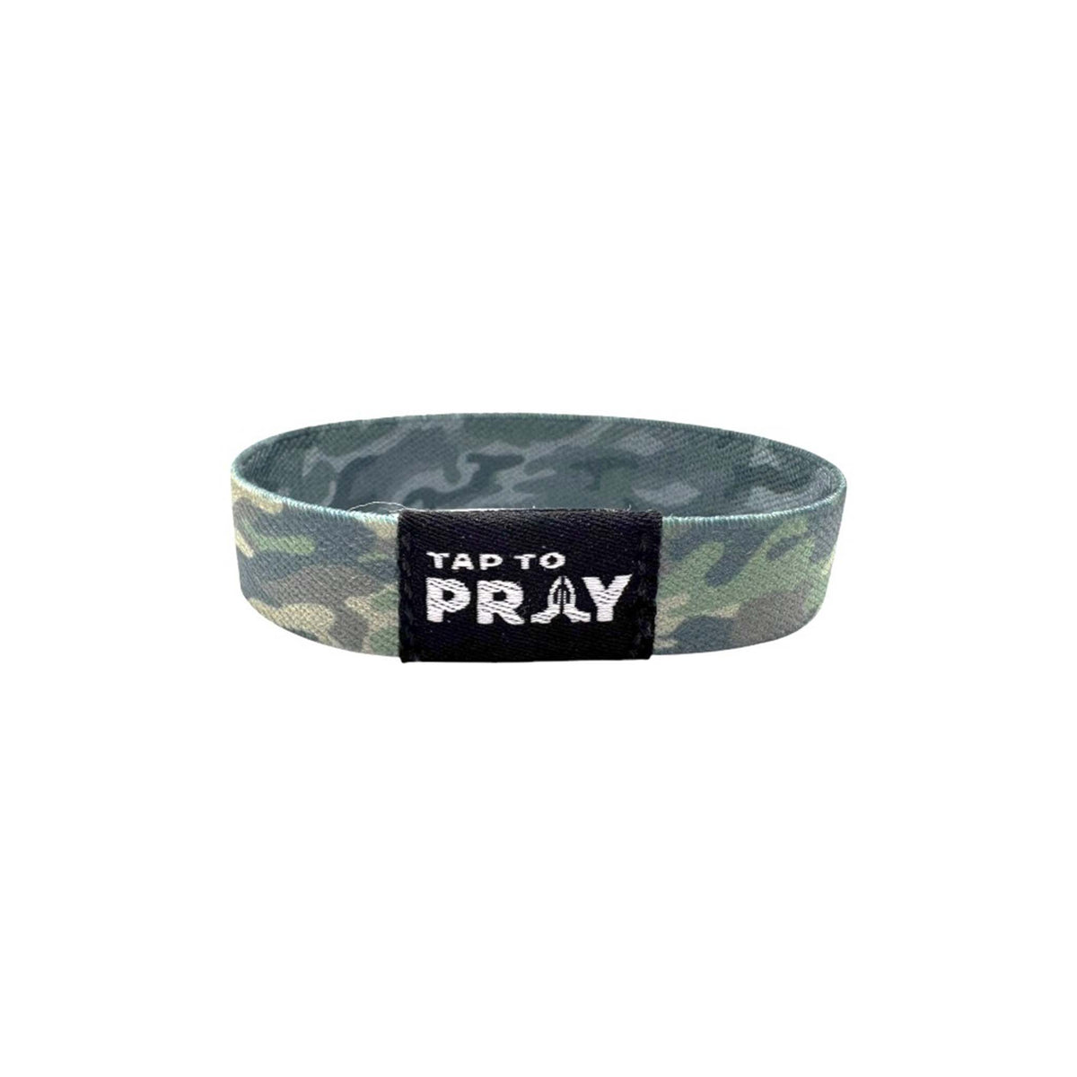 ap to Pray green charcoal camo fabric wristband with black patch reading 'Tap to Pray' in white text