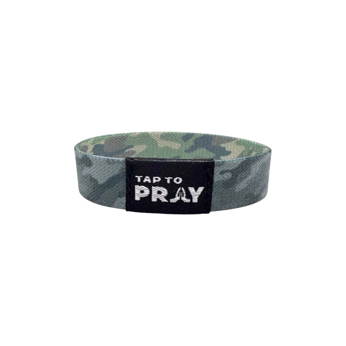 ap to Pray green charcoal camo fabric wristband with black patch reading 'Tap to Pray' in white text