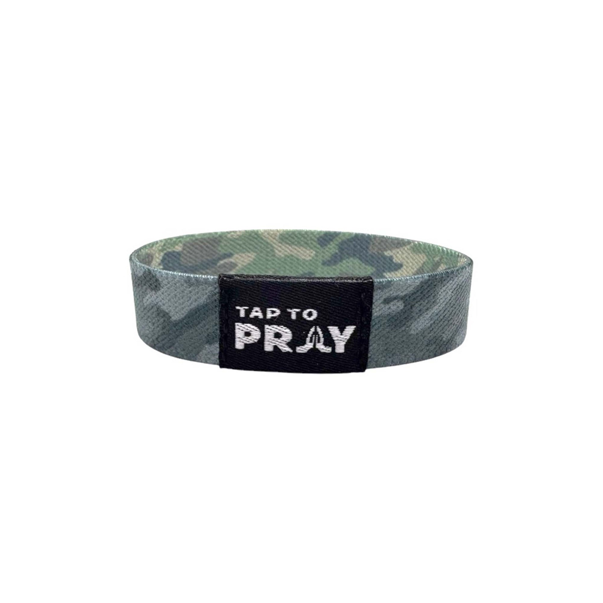 ap to Pray green charcoal camo fabric wristband with black patch reading 'Tap to Pray' in white text