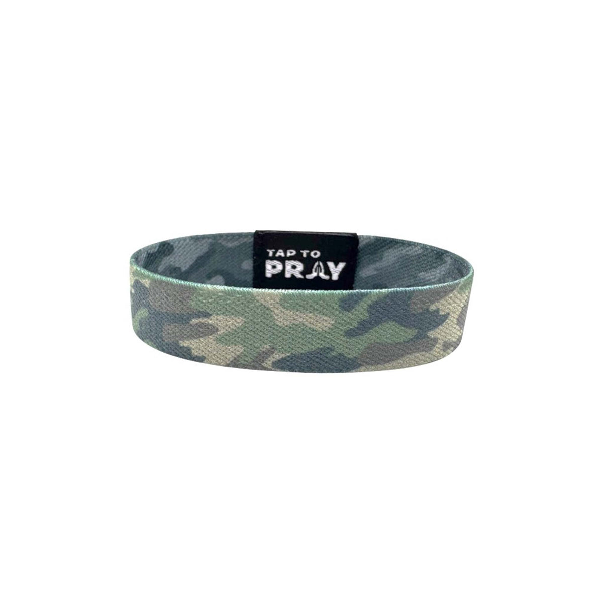 ap to Pray green charcoal camo fabric wristband with black patch reading 'Tap to Pray' in white text