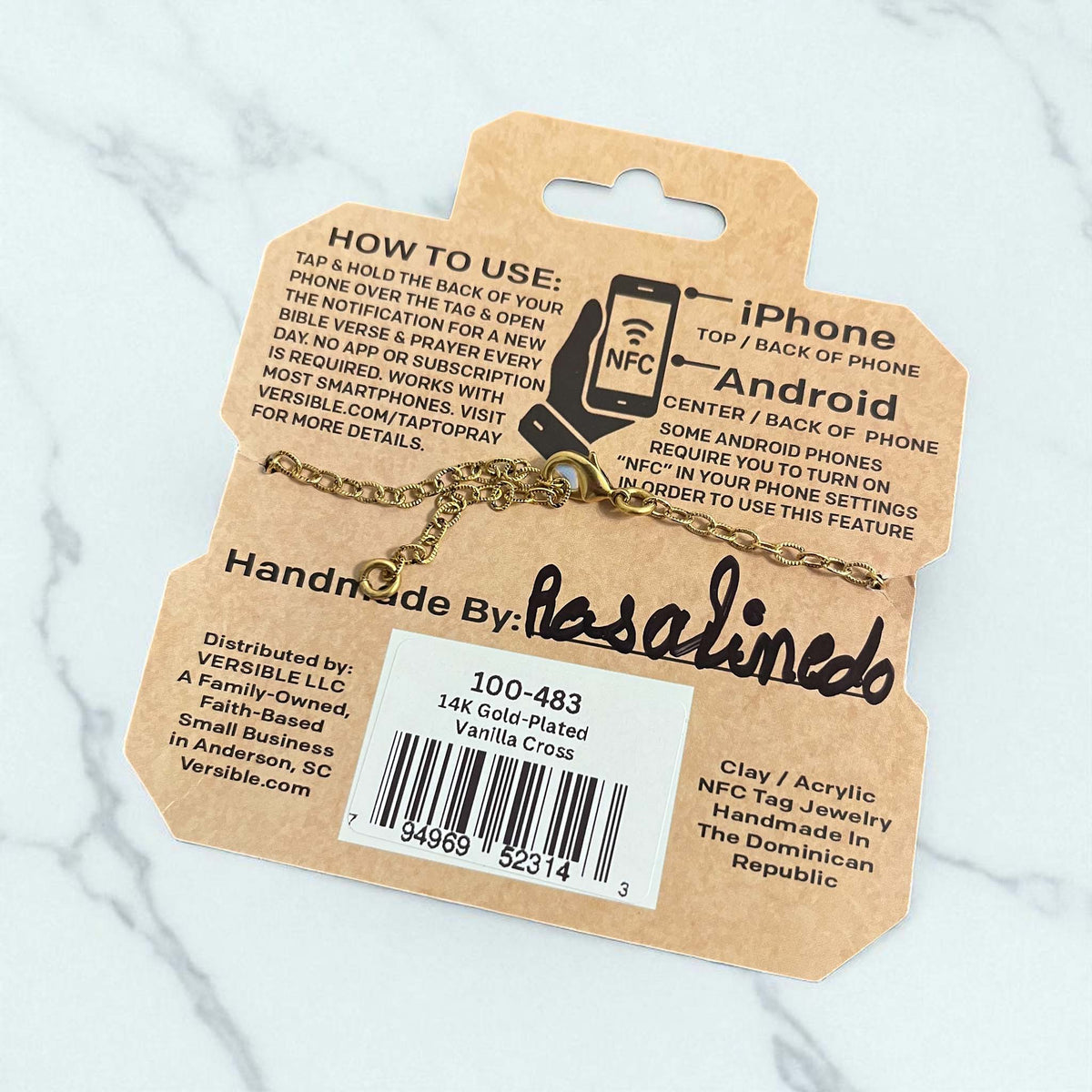 Jewelry tag with product details on a white background
