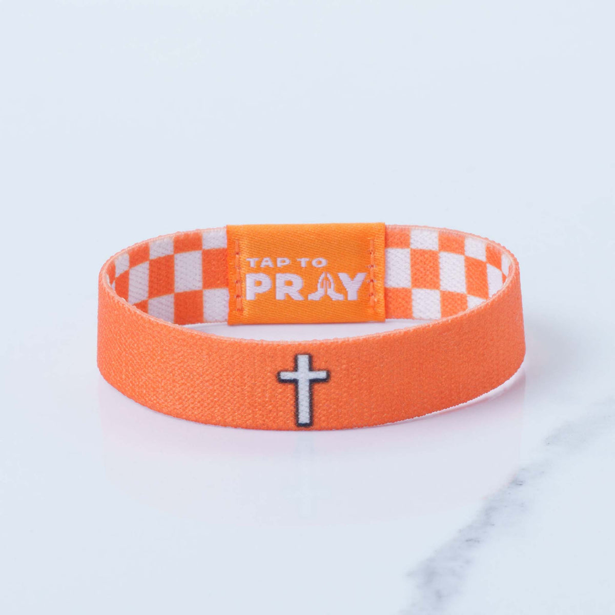 Tap To Pray Wristband in Orange and White checkered