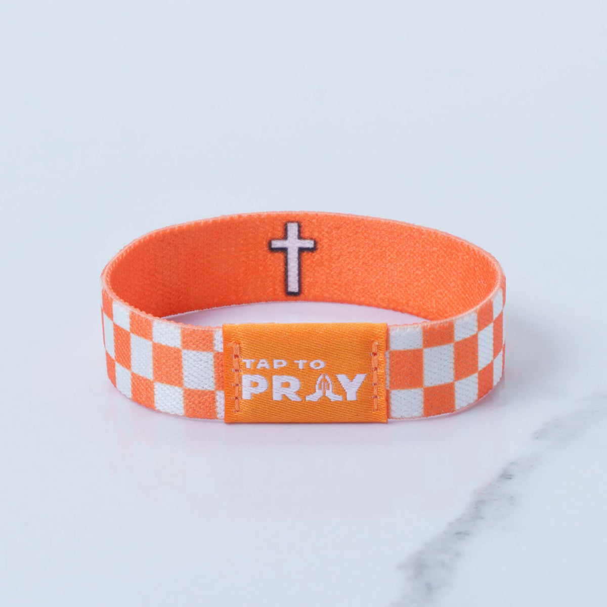 Tap To Pray Wristband in Orange and White checkered