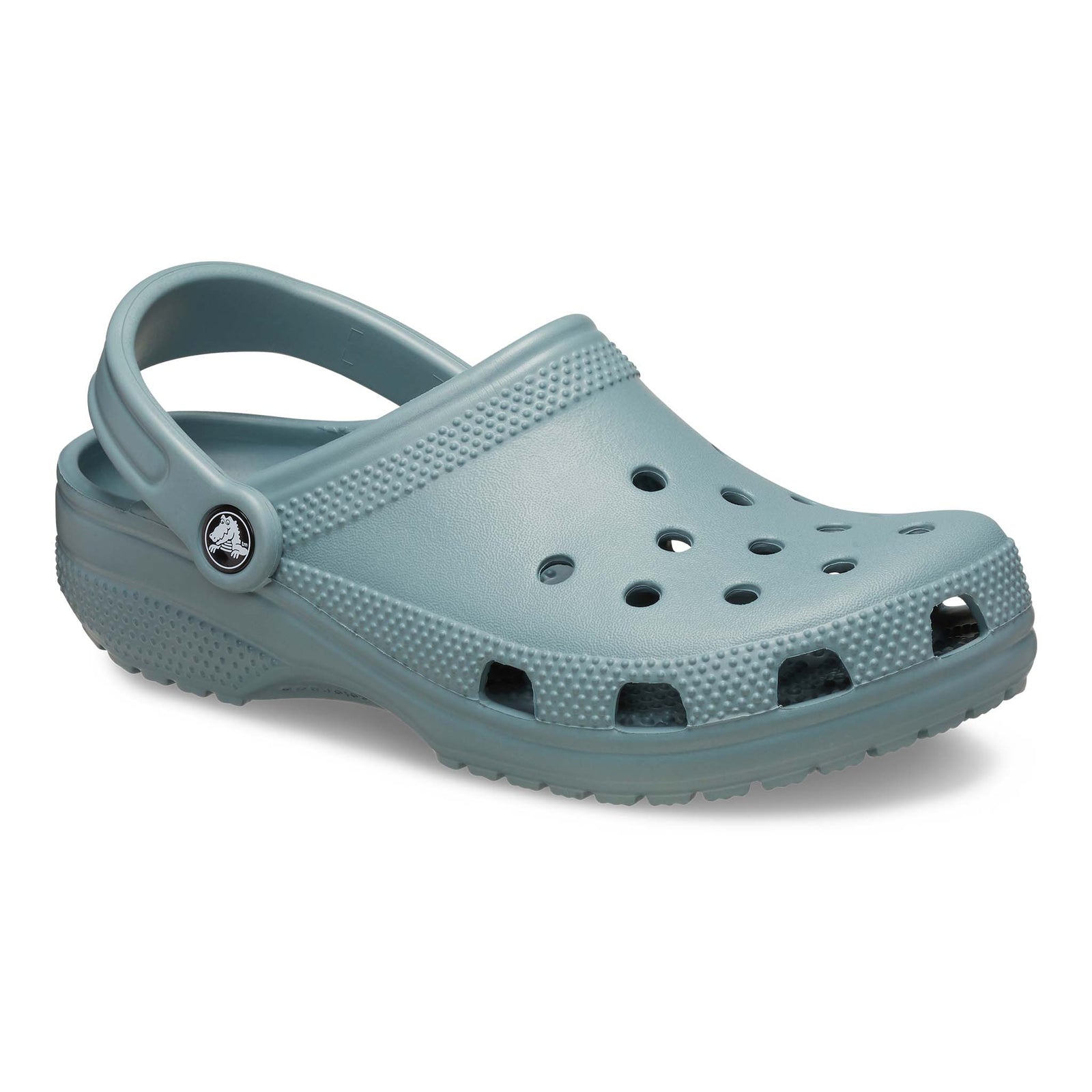Adult Classic Clog, color pond, sizes M4/W6, M5/W7, M6/W8, M7/W9, M8/W10,  M9/W11, M10/W12, M11, M12, M13.  
Crocs classic design is created for slip-on convenience with a strap that adjusts down for a secure fit.  Holes in the toe box offer breathability.  Constructed with a durable plastic, these shoes are lightweight and waterproof. Also, these shoes are created to float in the event they're dropped in water!