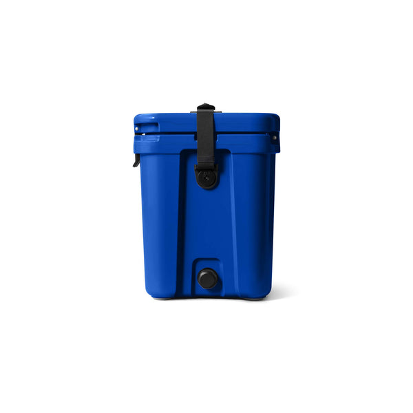 Blue cooler bag with black straps on a white background