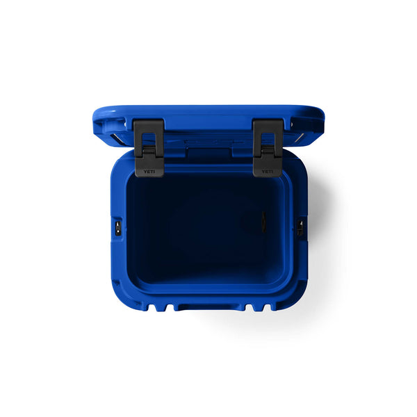Blue waterproof case with a black latch on a white background