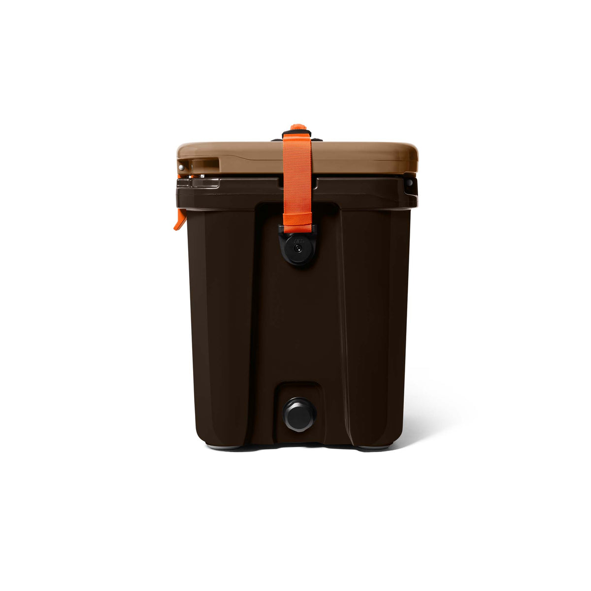 Side view of YETI Roadie 24 Hard Cooler in Wetlands Camo colorway with orange strap, drain plug, and tan lid closed.