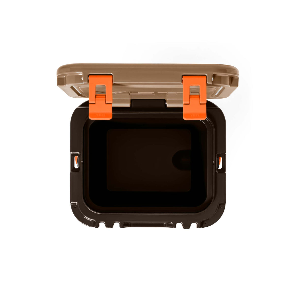 Overhead view of the YETI cooler with lid open, showing the square interior and orange latch attachments.