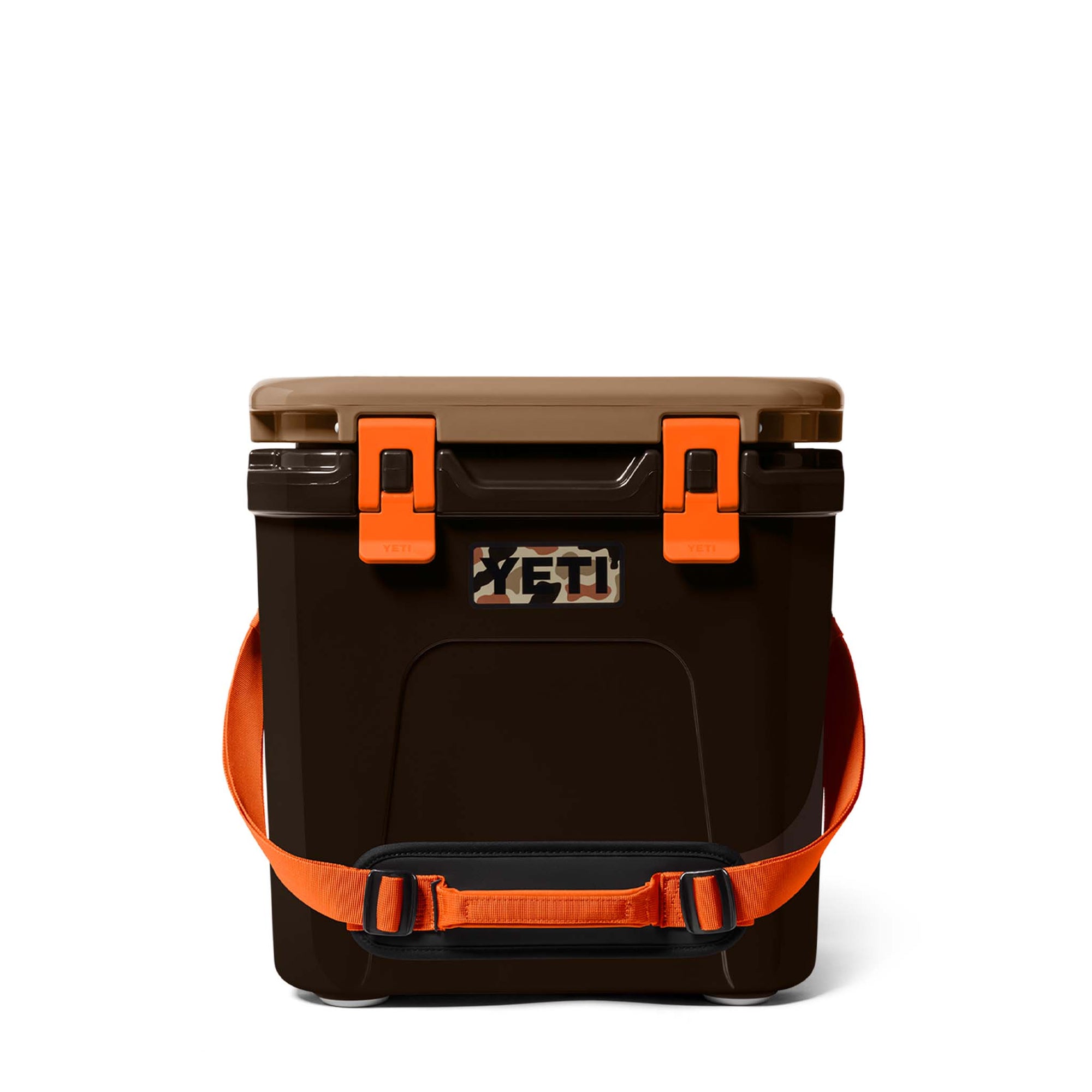 Front view of cooler with shoulder strap attached, tan lid closed, and two orange latches visible.