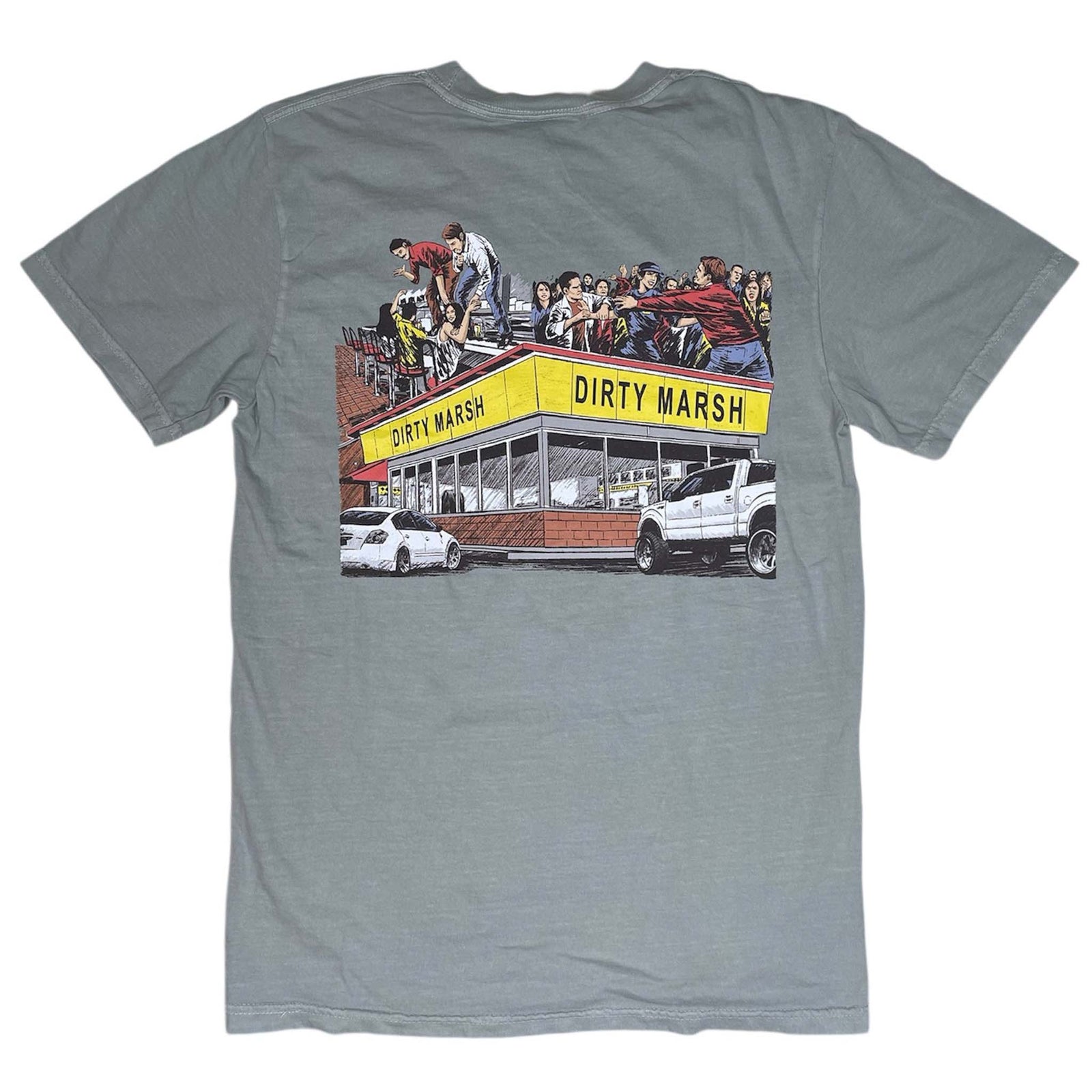 Gray t-shirt with a graphic of a store front and people on a white background