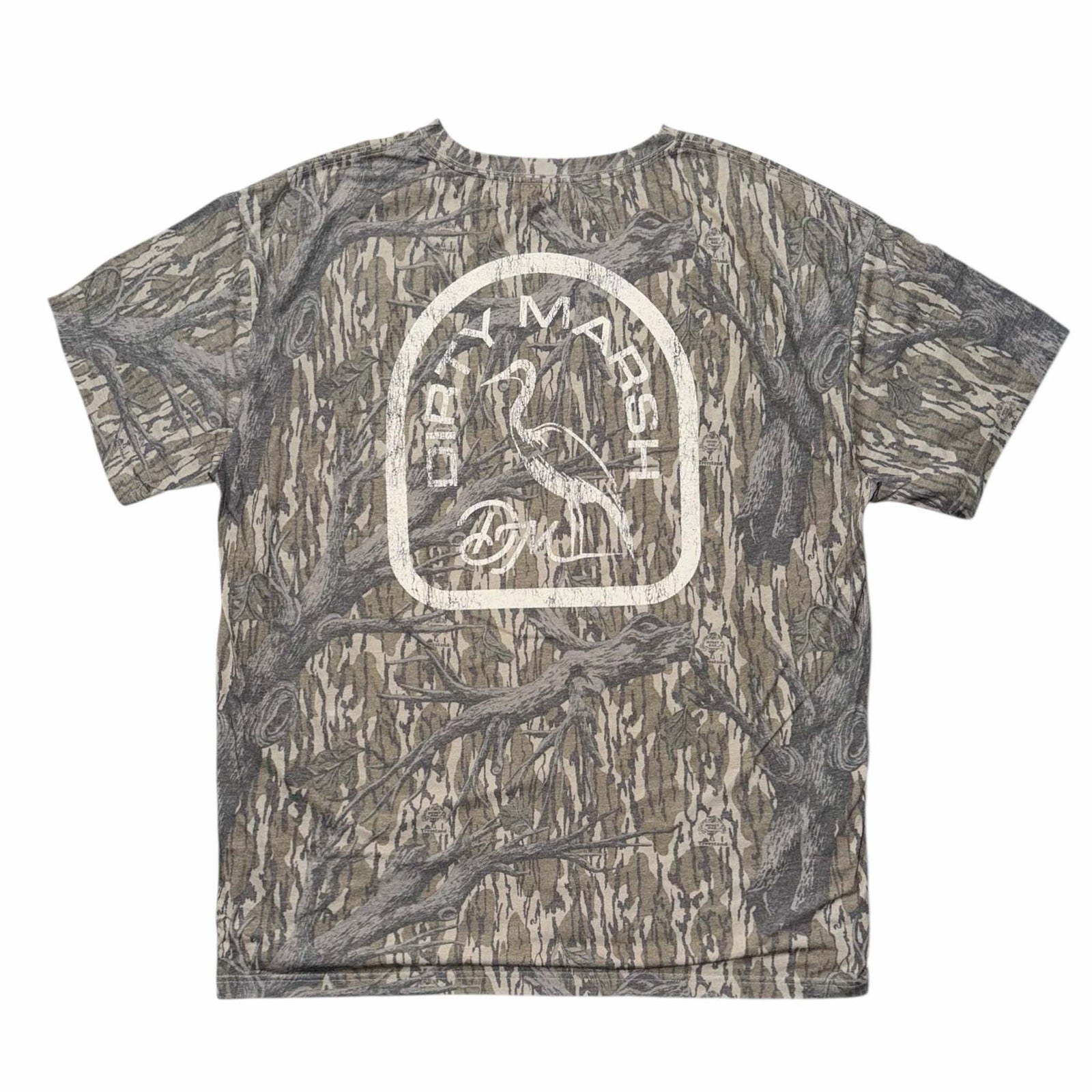 Treestand camo short sleeve t-shirt with a distressed beige Dirty Marsh logo shown on a white background