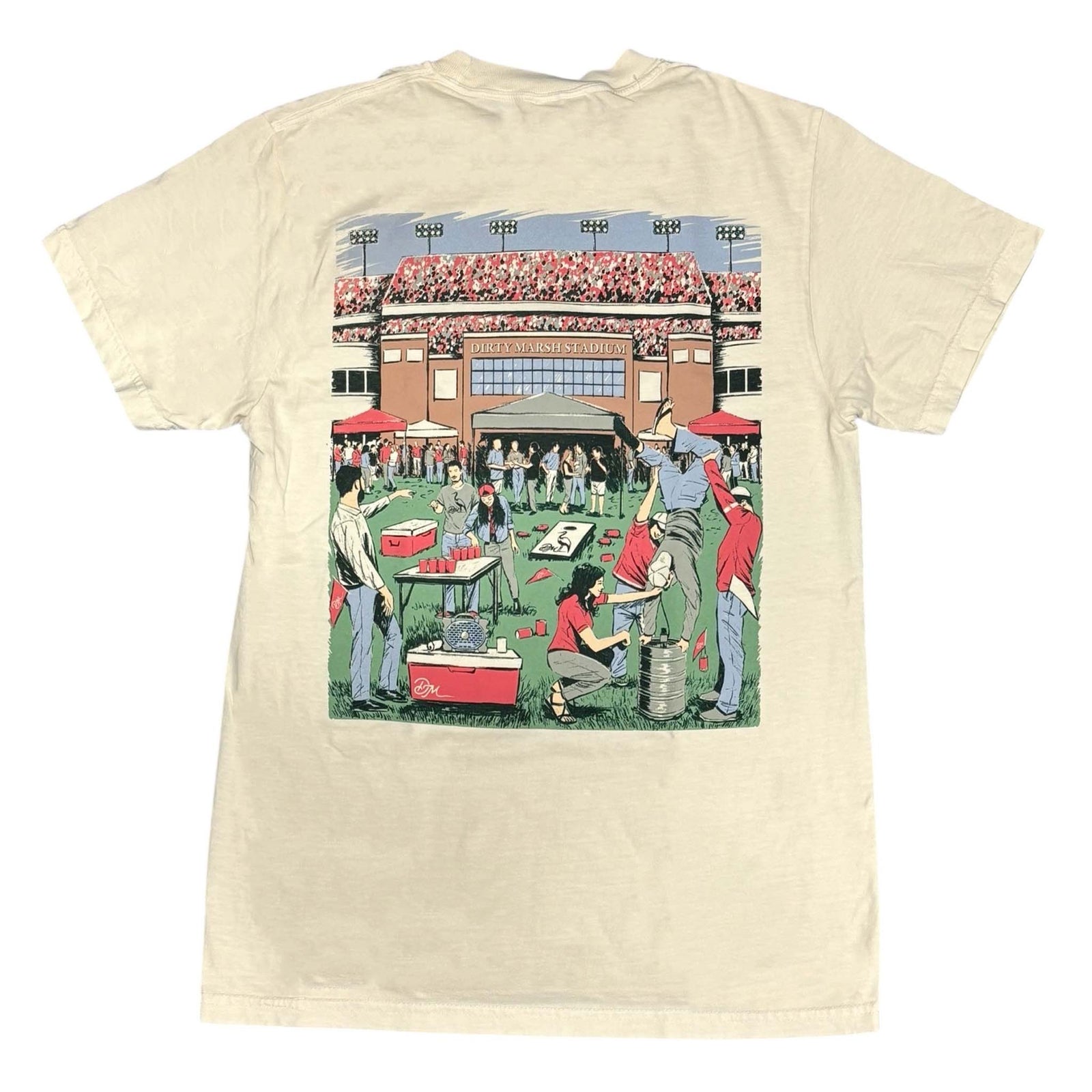 Beige t-shirt with a graphic of people at a stadium on a white background