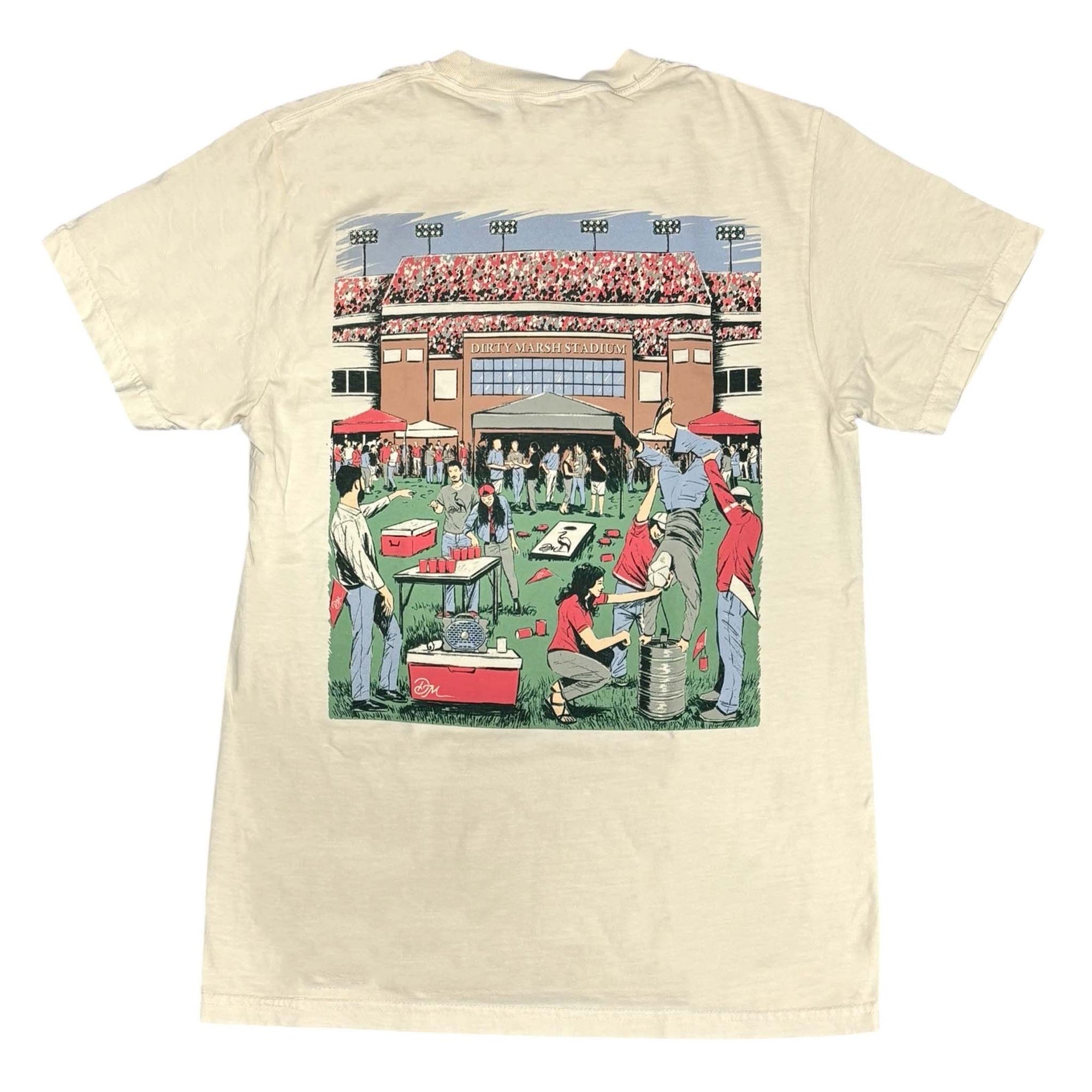 Beige t-shirt with a graphic of people at a stadium on a white background