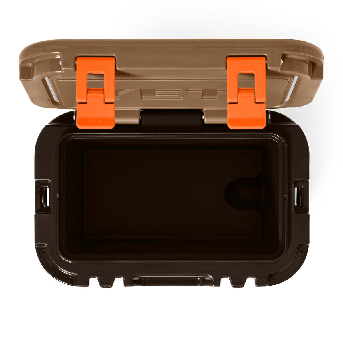 Top-down view of open cooler showing the interior compartment and orange latches.