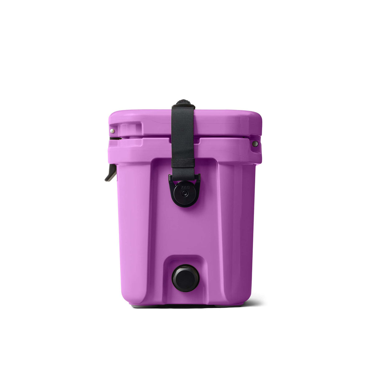 Purple YETI cooler with black straps on a white background
