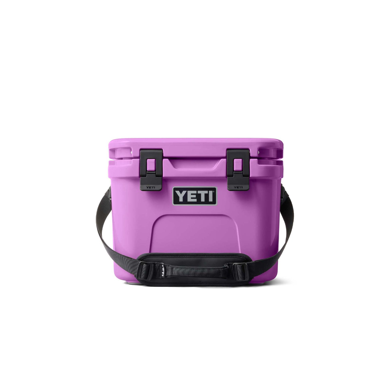 Purple YETI cooler with black straps on a white background