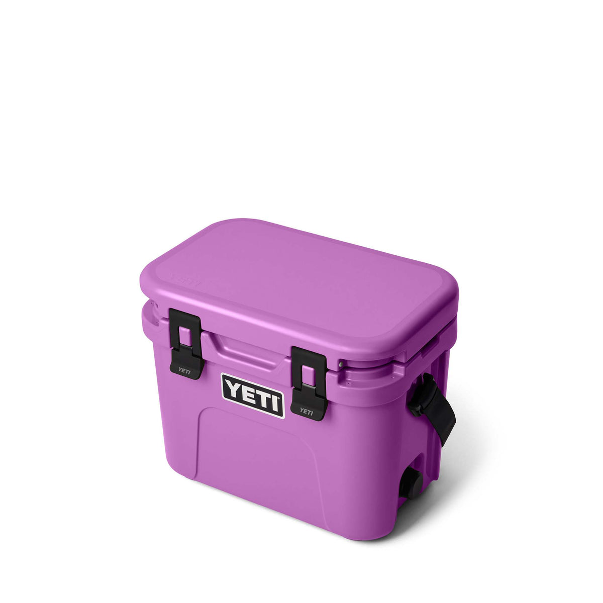 Purple YETI cooler with black straps on a white background