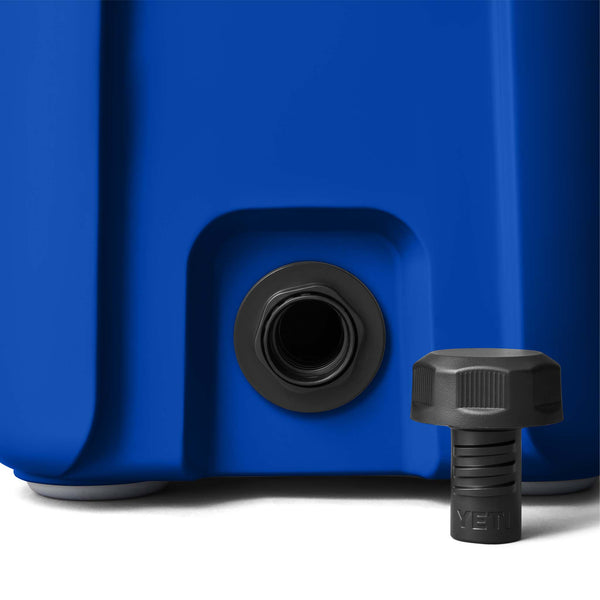 Blue water storage container with a black valve on a white background