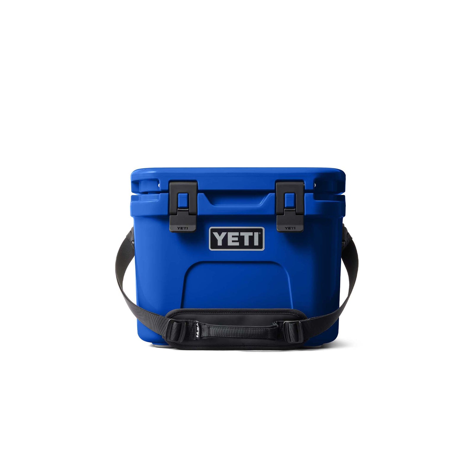 Blue YETI cooler with a strap on a white background
