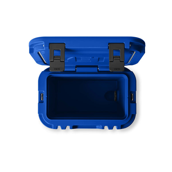 Blue cooler box with open lid on a white background