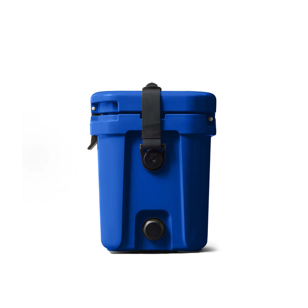 Blue cooler with black straps on a white background