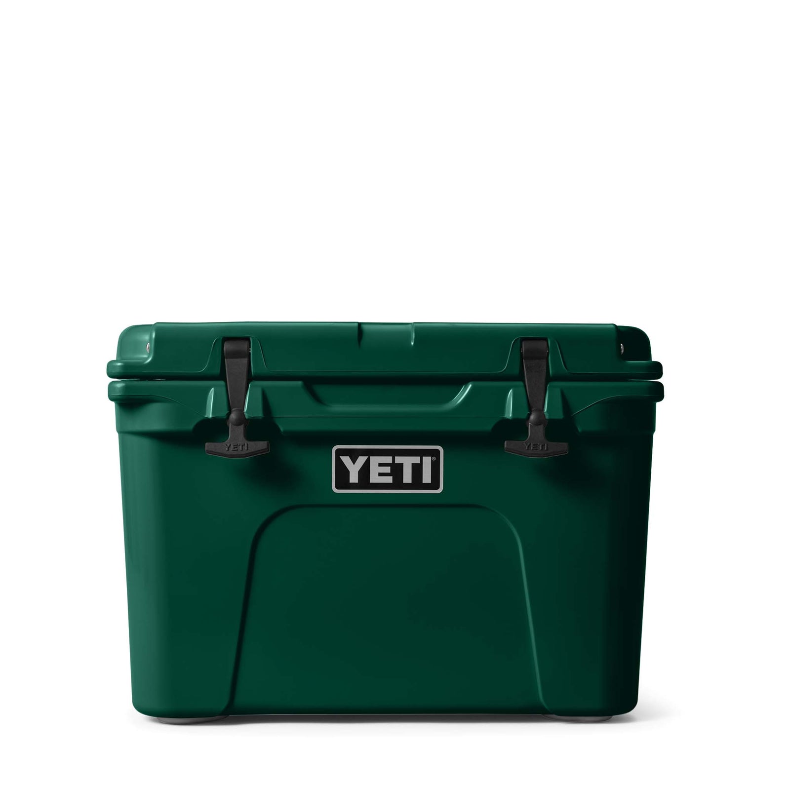 Front view of YETI Tundra 35 Black Forest Green cooler.