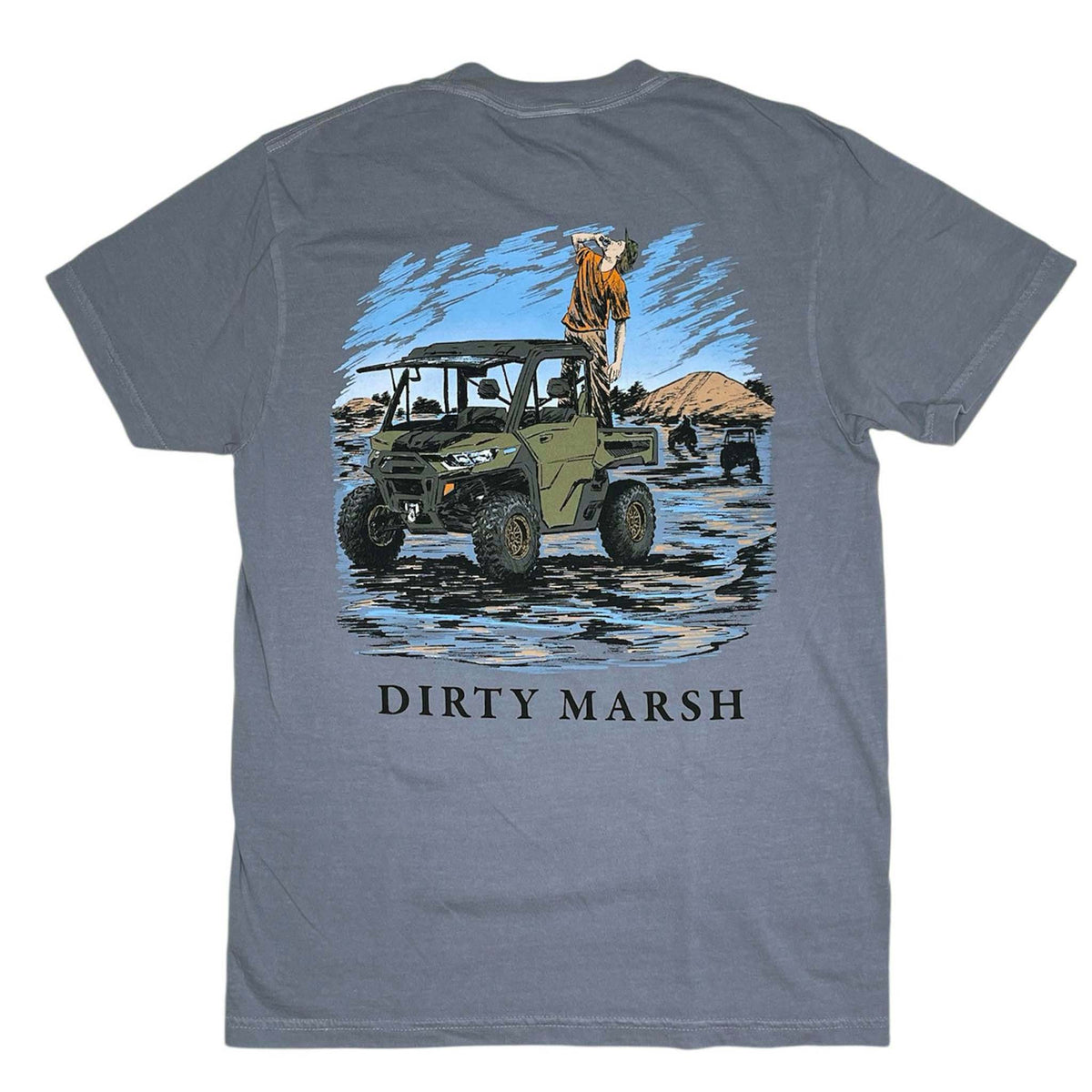 Gray t-shirt with a graphic of a person on a four-wheeler and 'DIRTY MARSH' text on a white background