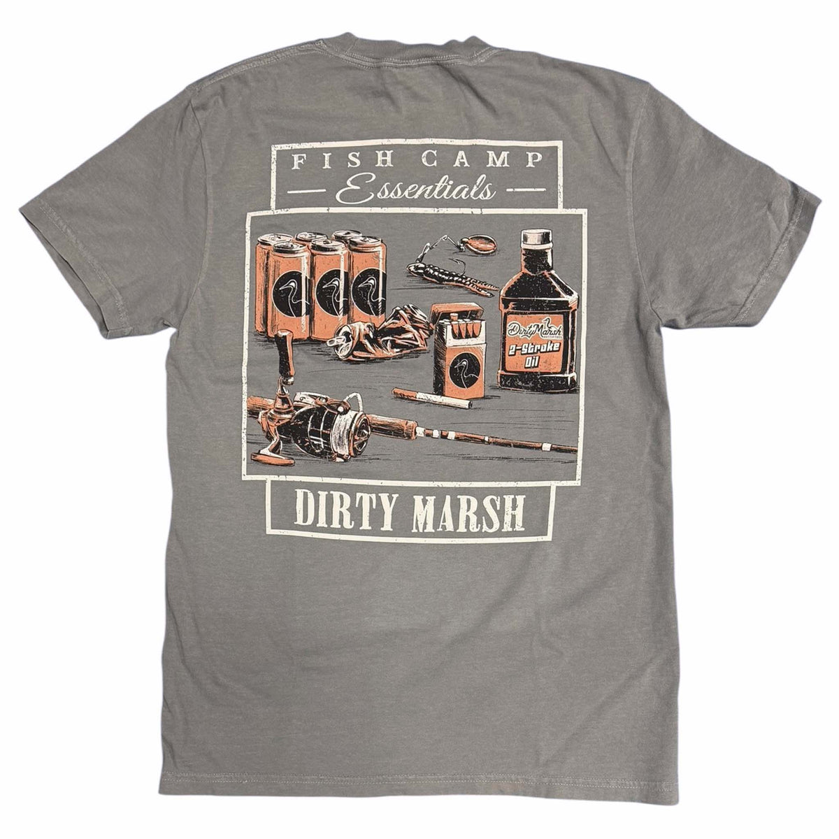 Dirty Marsh Fish Camp Essentials short sleeve T-shirt in grey featuring back graphic with fishing reel, rod, lures, drink cans, and 2-stroke oil illustration.