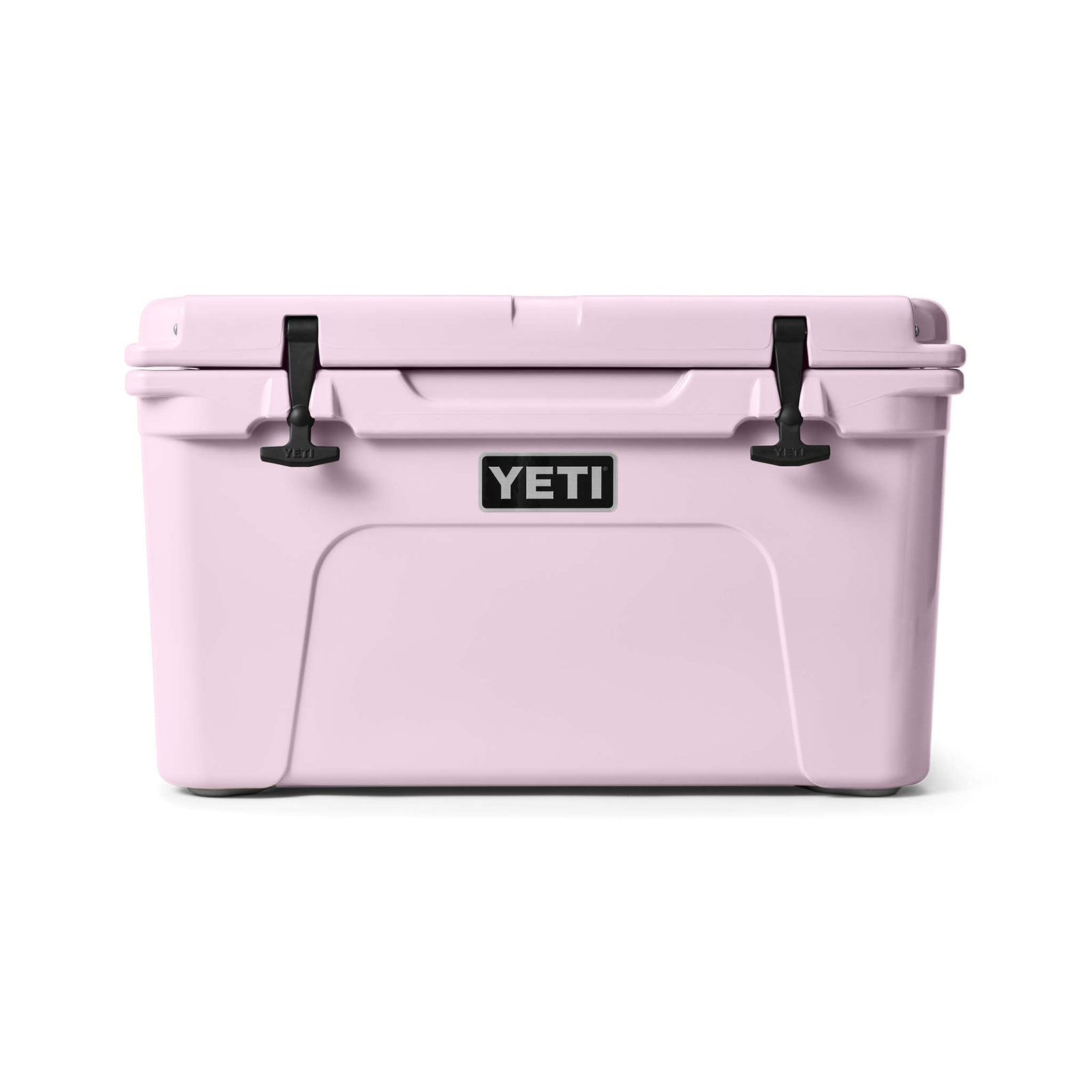 Front view of the YETI Tundra 45 Cooler in Cherry Blossom with closed lid and black dual latches below the YETI logo.