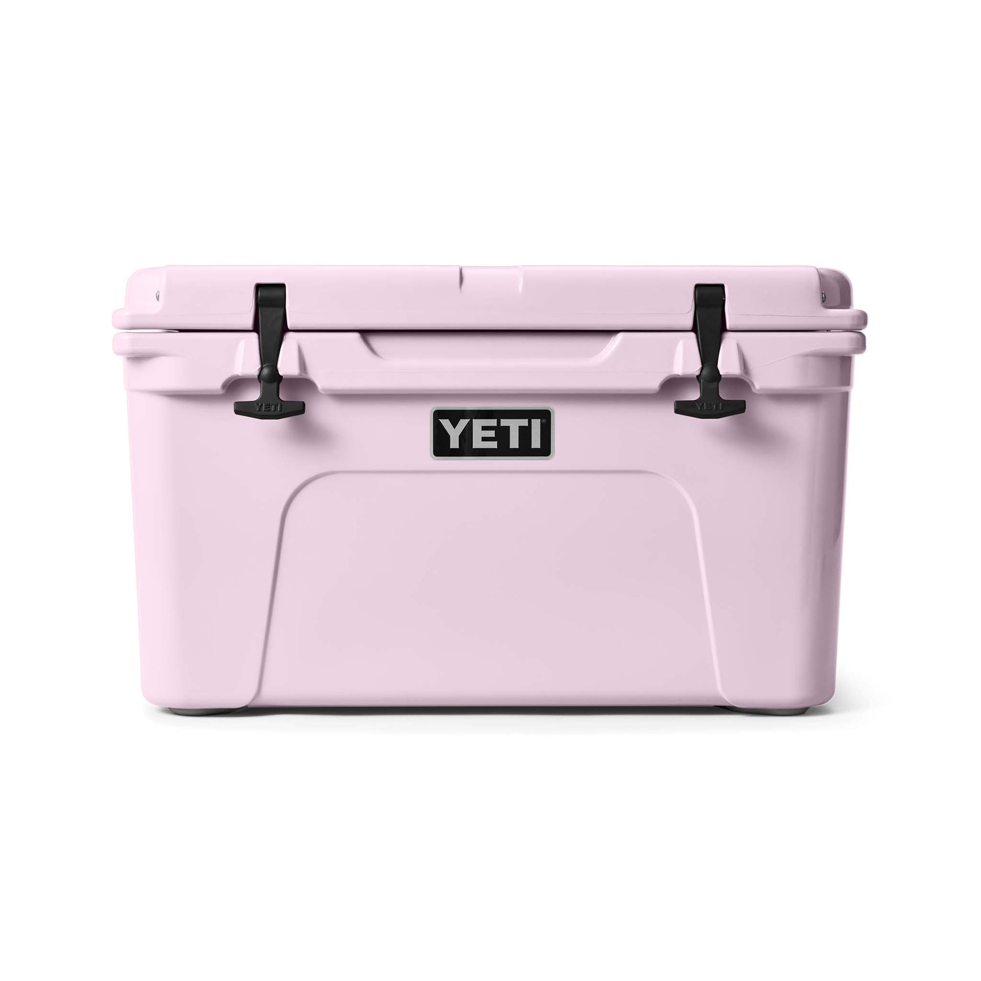 Front view of the YETI Tundra 45 Cooler in Cherry Blossom with closed lid and black dual latches below the YETI logo.