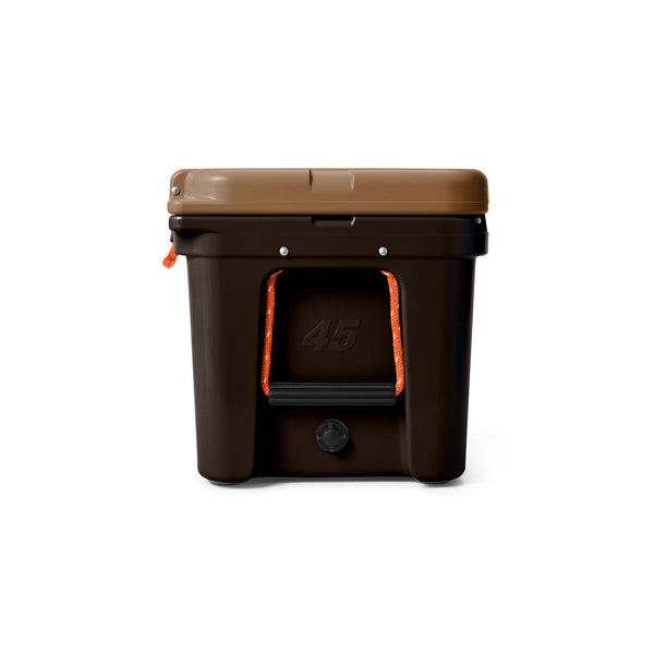 Side view of the YETI Tundra 45 in Wetlands Camo with brown lid, orange accents, and visible drain plug and side handles.