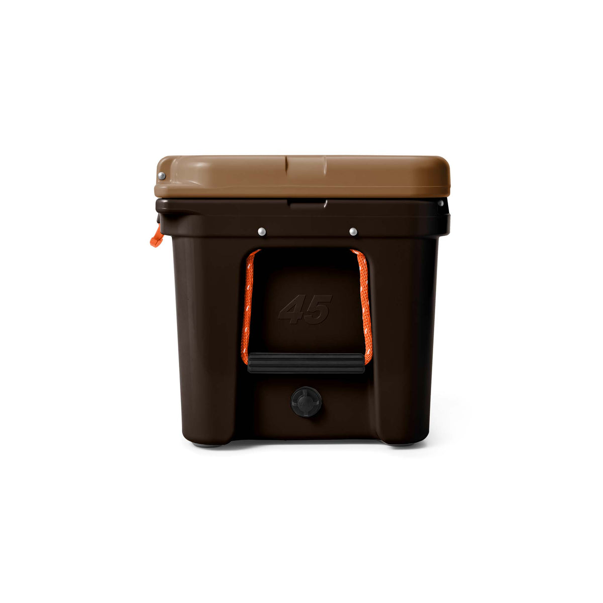 Side view of the YETI Tundra 45 in Wetlands Camo with brown lid, orange accents, and visible drain plug and side handles.