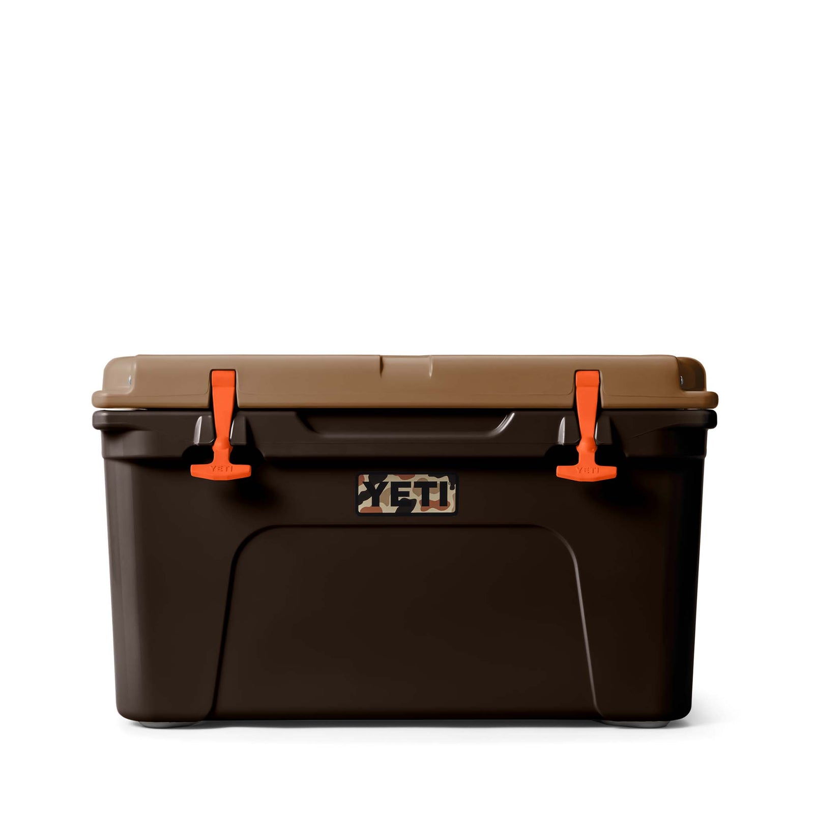 Straight-on front view of the YETI Tundra 45 in Wetlands Camo with brown lid, orange latches, and camo-style YETI logo badge centered.