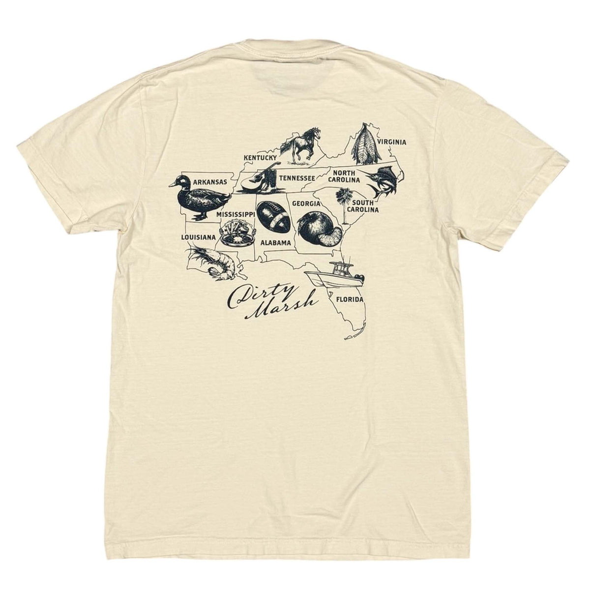 Ivory Dirty Marsh Outfitters short sleeve t-shirt with Southeastern map and state icons back graphic in black shown on a white background.