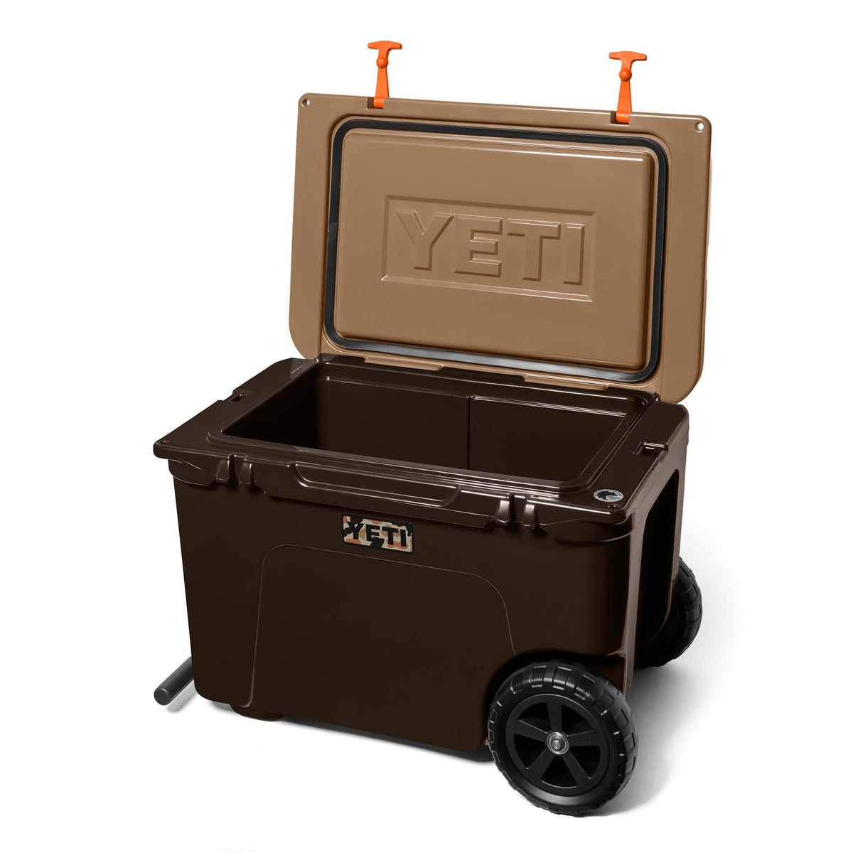 YETI Tundra Haul Cooler in Wetlands Camo with lid open, showing interior and branded YETI embossing inside the lid.