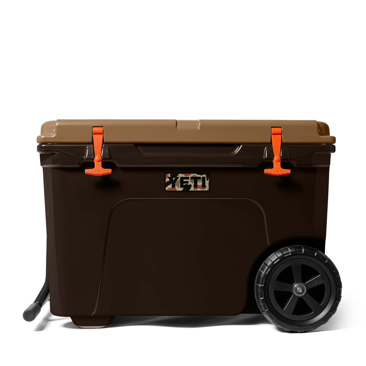 Front view of YETI Tundra Haul Cooler in Wetlands Camo with closed lid, orange latches, and wheels visible.