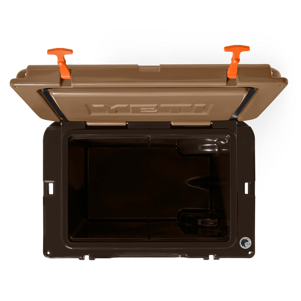 Overhead view of open YETI Tundra Haul Cooler in Wetlands Camo, revealing interior storage and lid detailing.