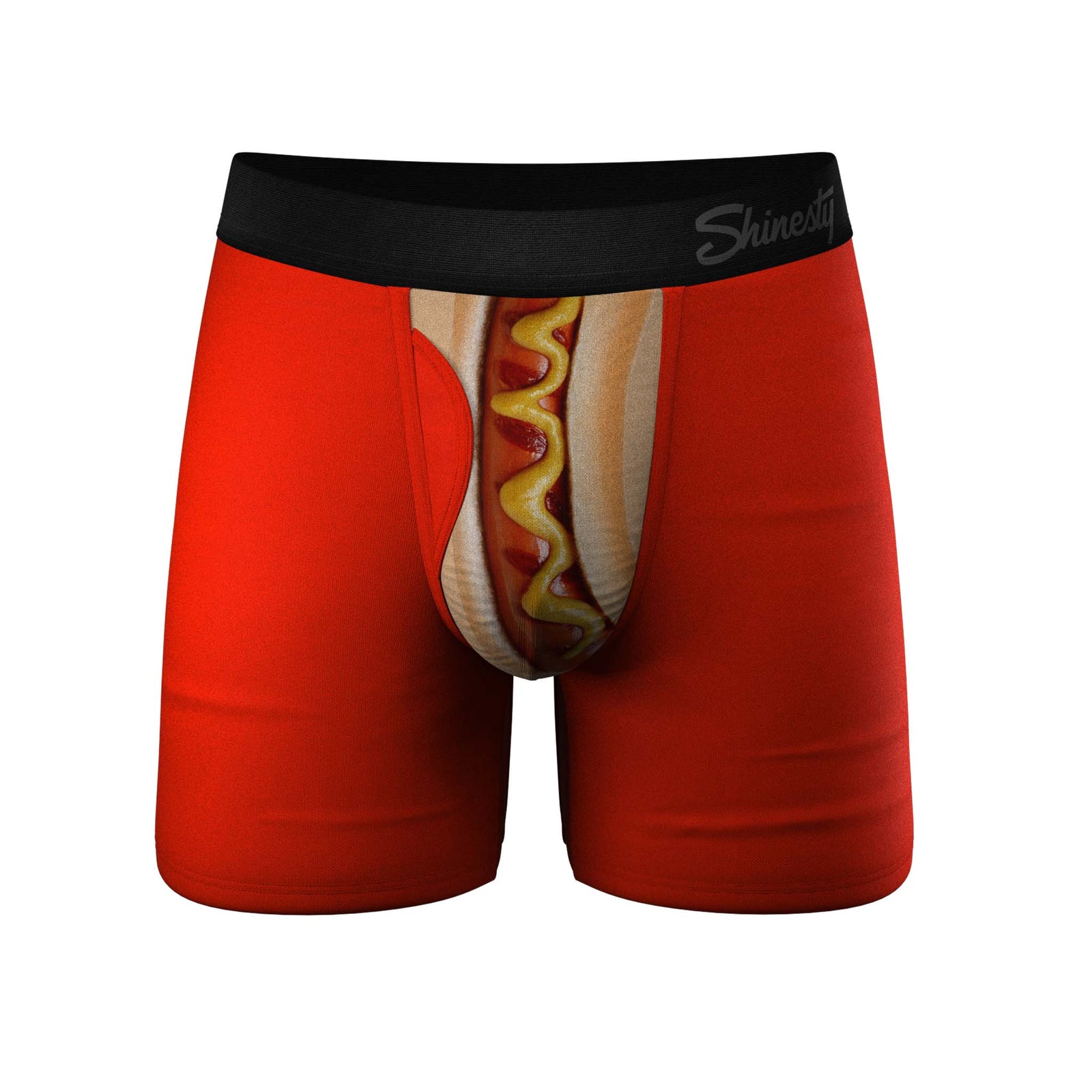 Front view Shinesty Men's Coney Island pouch underwear in red with realistic hot dog graphic on front. Soft MicroModal, black waistband, breathable fit. Size down for extra support. Sizes S–XXL