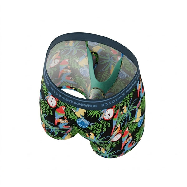 Colorful boxer briefs with a tropical design on a white background