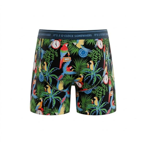 Colorful boxer briefs with tropical bird pattern on a white background