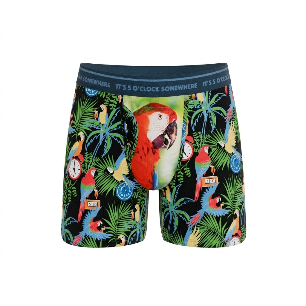 Boxer briefs with a colorful parrot and jungle pattern on a white background