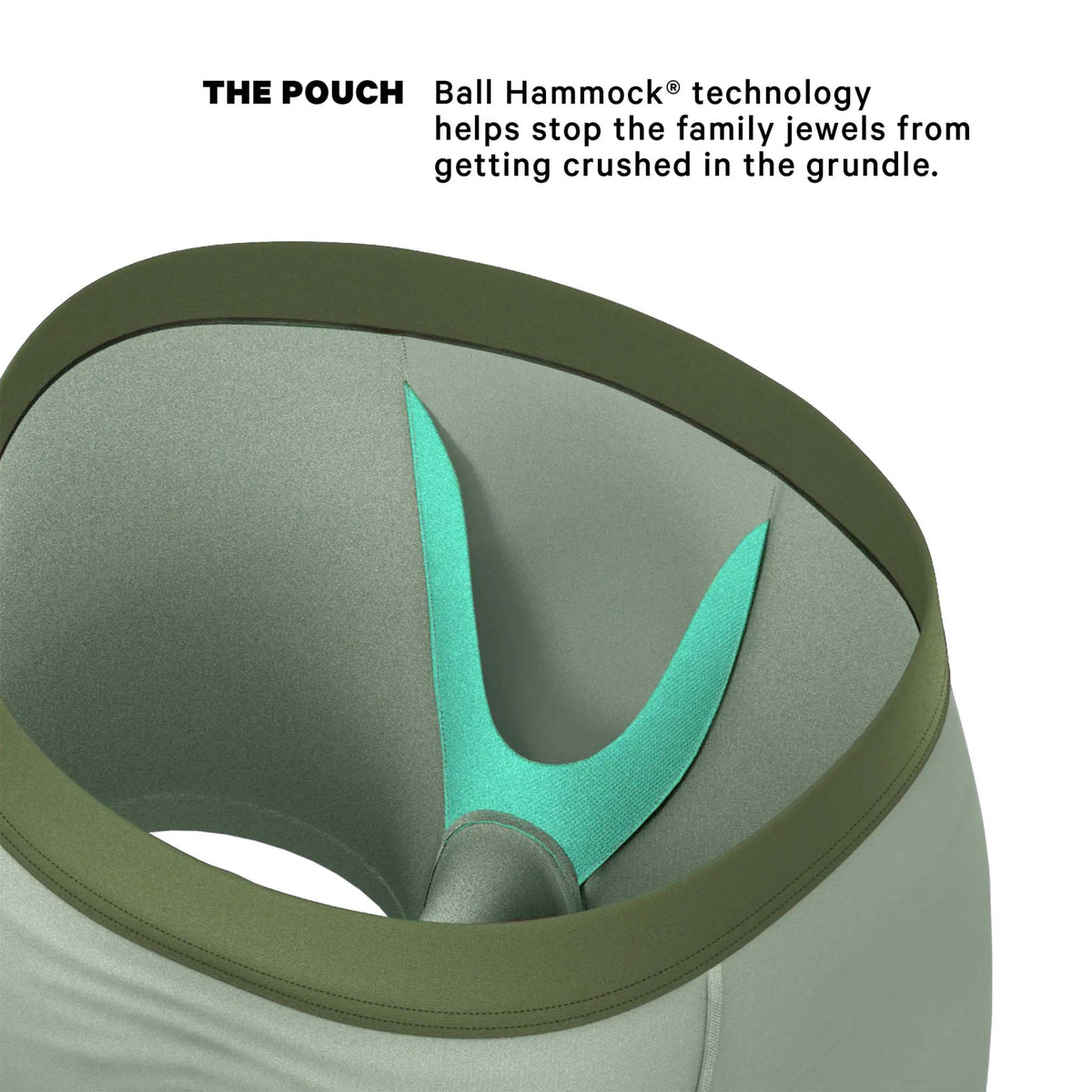 Close-up of a pouch with Ball Hammock technology feature, showing green ball and text.