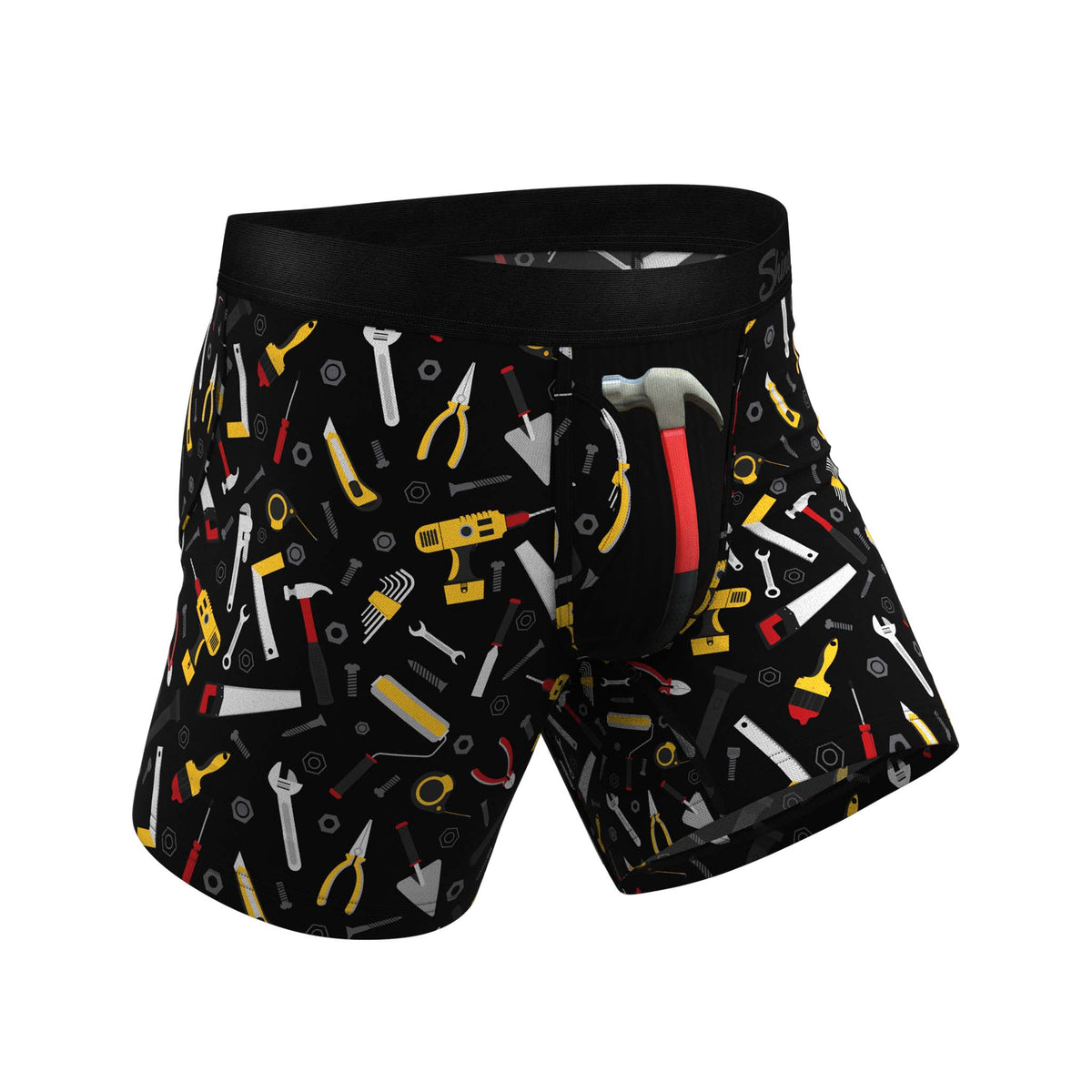 Angled view of black tool-themed boxer briefs featuring a hammer image on the pouch and a Shinesty waistband.