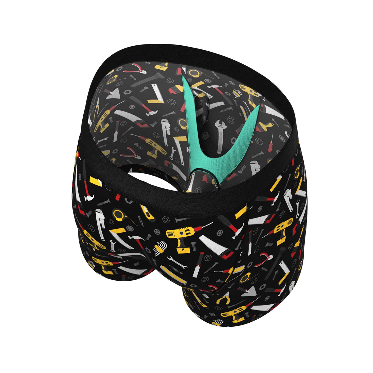 Interior view of tool print boxer briefs with teal Ball Hammock® pouch and matching tool-patterned lining.