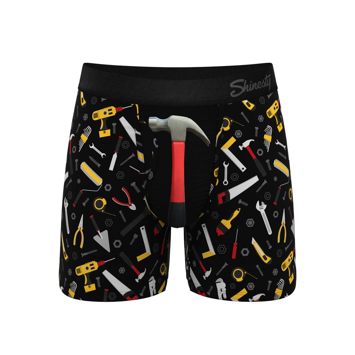 Men's black boxer briefs with colorful tool pattern and a 3D hammer graphic on the front pouch.